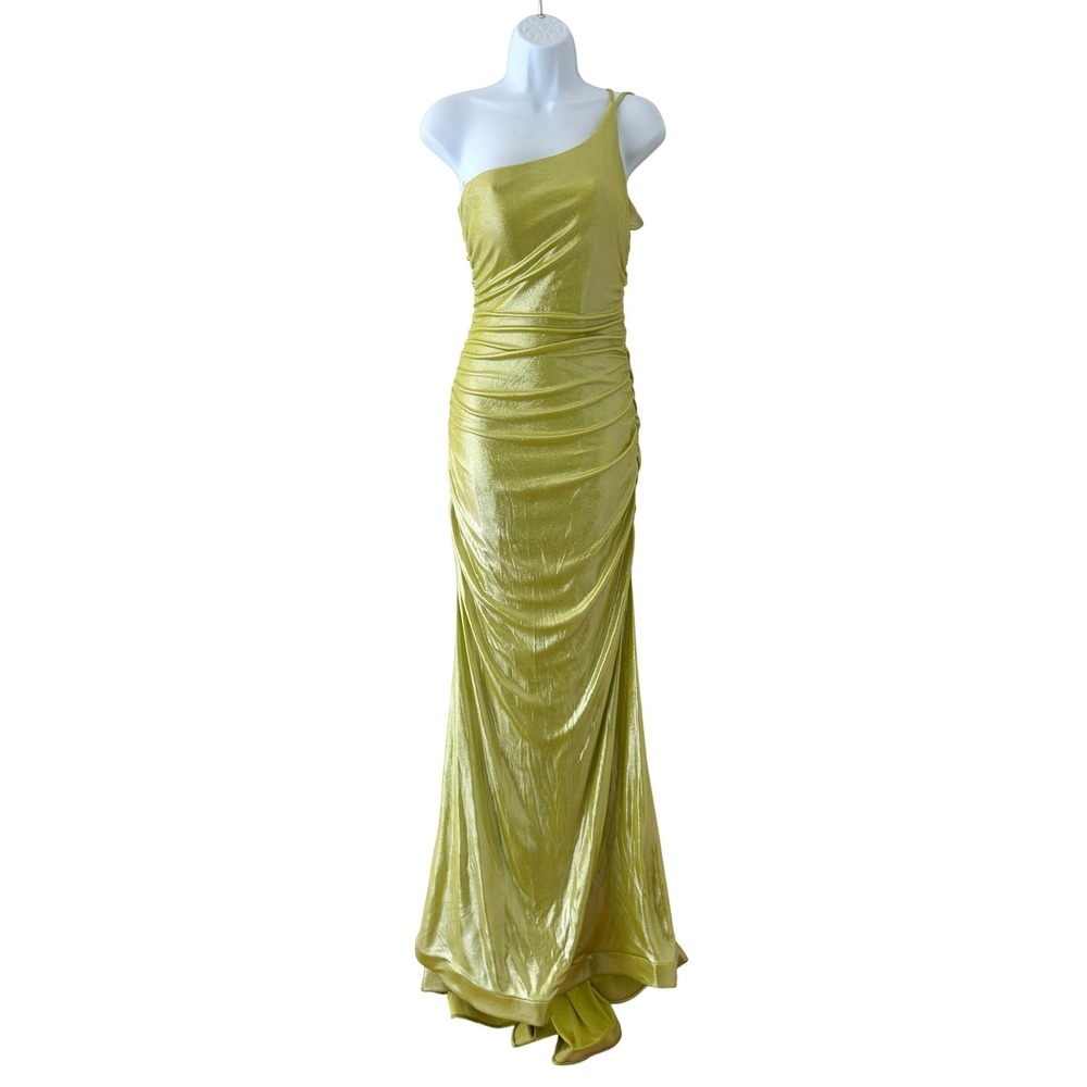 B Darlin Y2K Prom Dress 13/14 Lime Green Metallic Slinky Ruched Maxi Gown